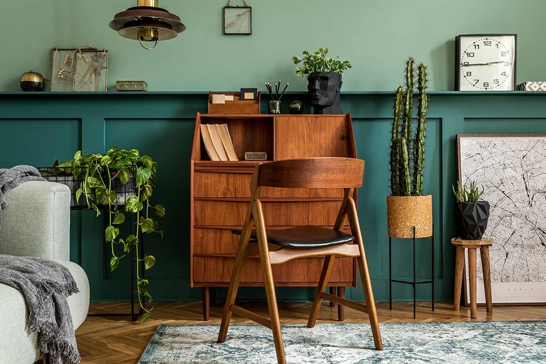 A cozy modern and retro interior design of a work space at home.